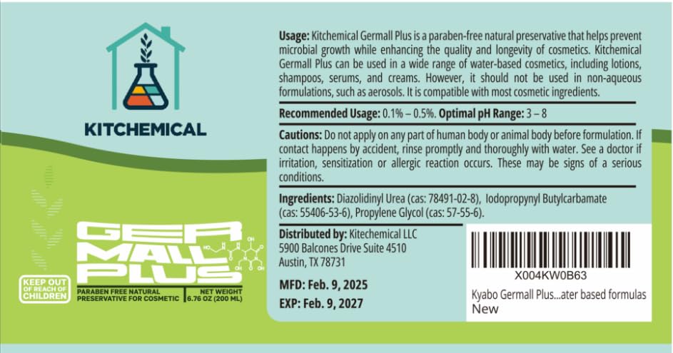 KITCHEMICAL Germall Plus Natural Preservative (6.76 oz / 200 mL), Paraben-Free, Broad-Spectrum Preservative for Lotions, Shampoos, Creams & Water-Based Cosmetics, Safe & Gentle Formula