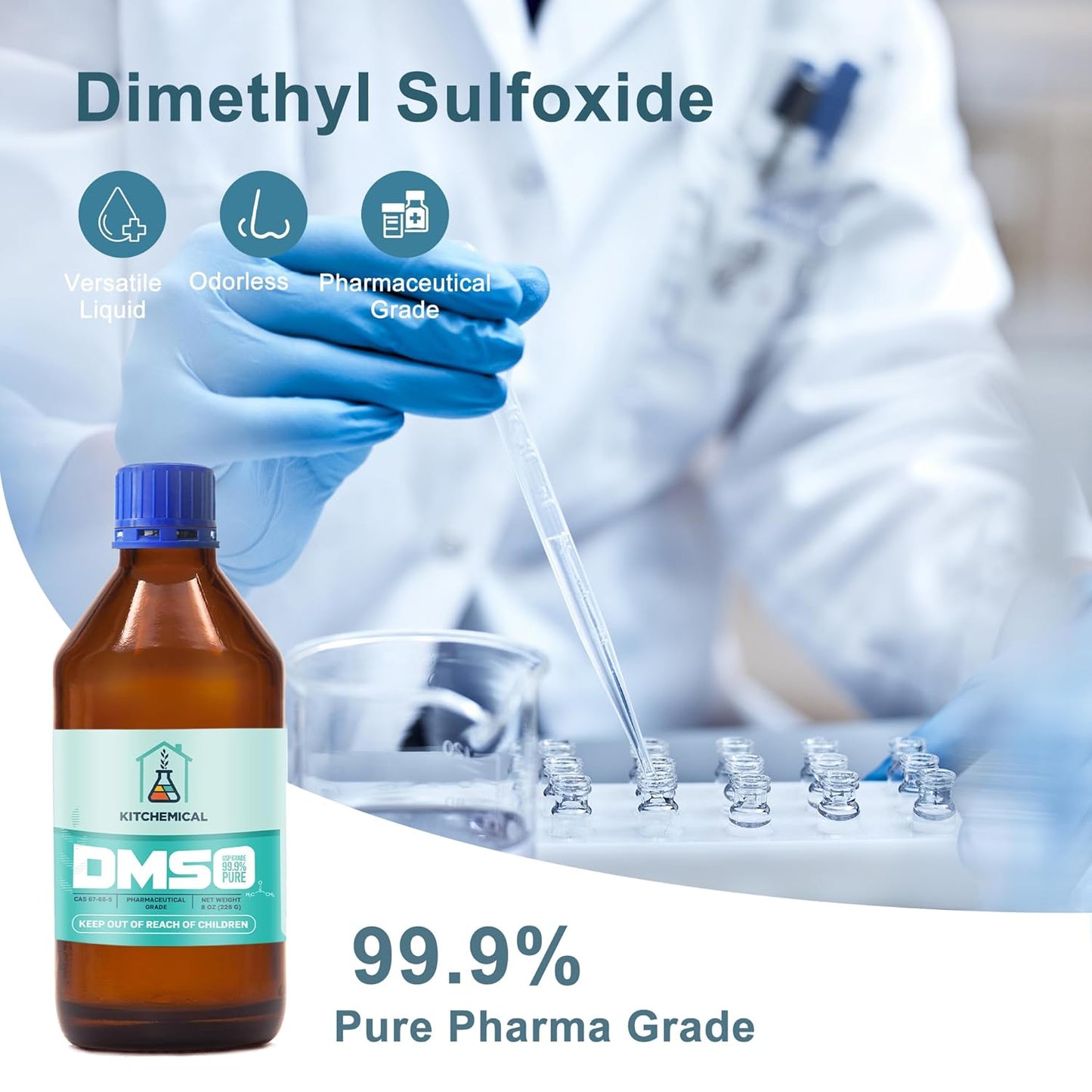 Pharmaceutical Grade 99.9% Pure DMSO in a Glass Bottle, Pure Liquid Dimethyl Sulfoxide 8 OZ, Non-Diluted, Low Odor
